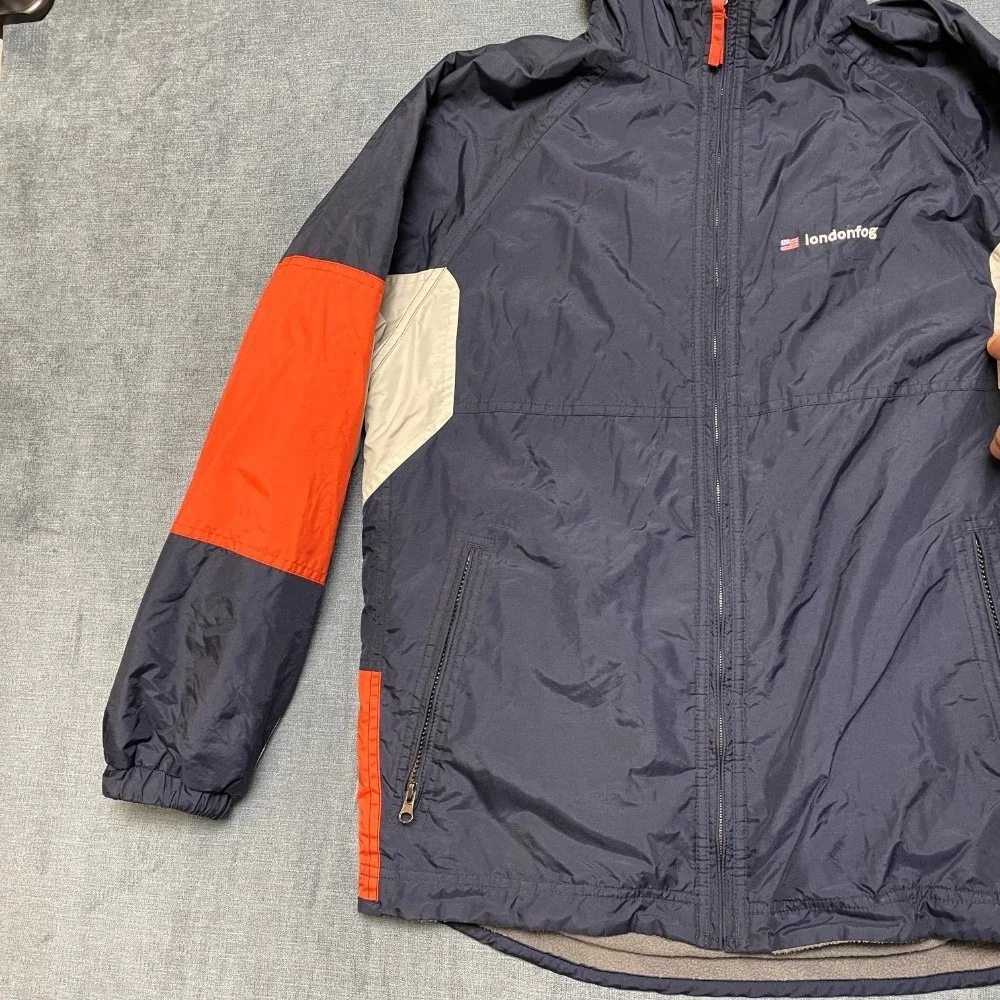 London Fog Reversible Jacket Youth L Navy Nylon to Fleece Hooded Raglan Sleeve